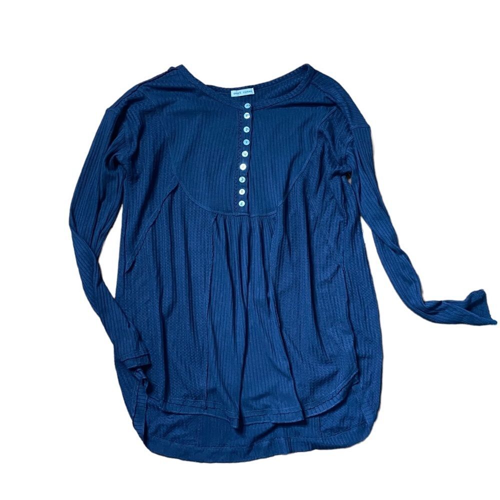 NWT Sweet Romeo Nordstrom Navy Blue Long Sleeves Ribbed Long Line Gathered Top L